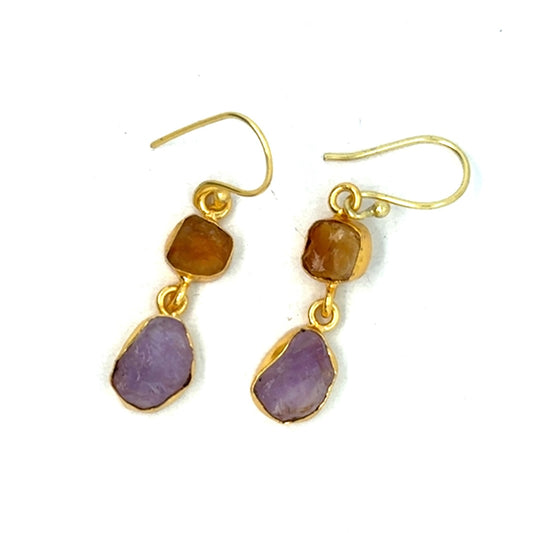 Marlene Raw Stone 2 Tier Hook Earrings [Best Seller]